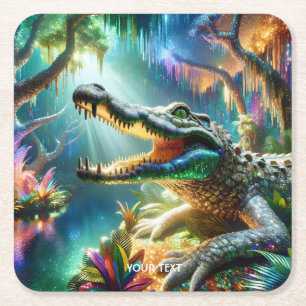 Fantasy Cute Enchanted Crocodile Jungle Square Paper Coaster