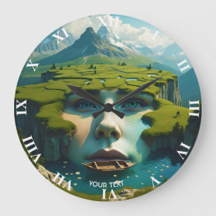 Fantasy Cute Face Meadow Flowers Large Clock