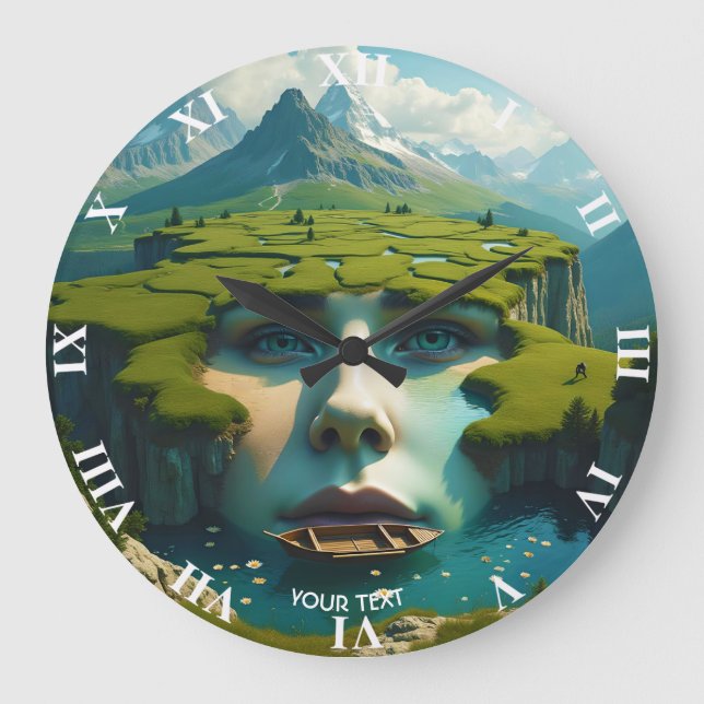Fantasy Cute Face Meadow Flowers Large Clock (Front)