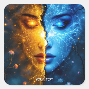 Fantasy Cute Face Yellow Blue Square Sticker