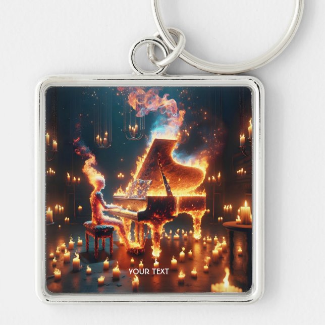 Fantasy Cute Fire Piano Girl Key Ring (Front)
