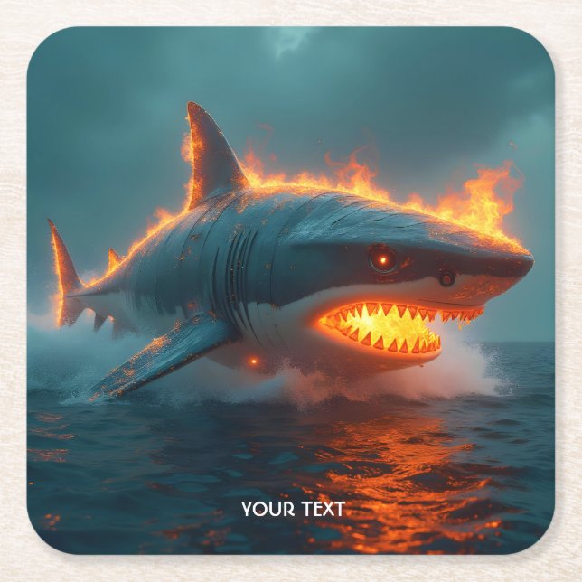Fantasy Cute Fire Shark Sea Square Paper Coaster (Front)