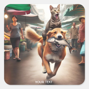 Fantasy Cute Fish Dog Cat Square Sticker