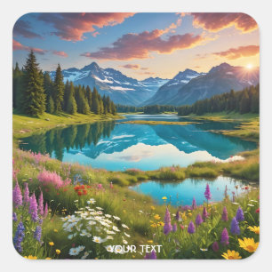 Fantasy Cute Flower Meadows Lake Square Sticker