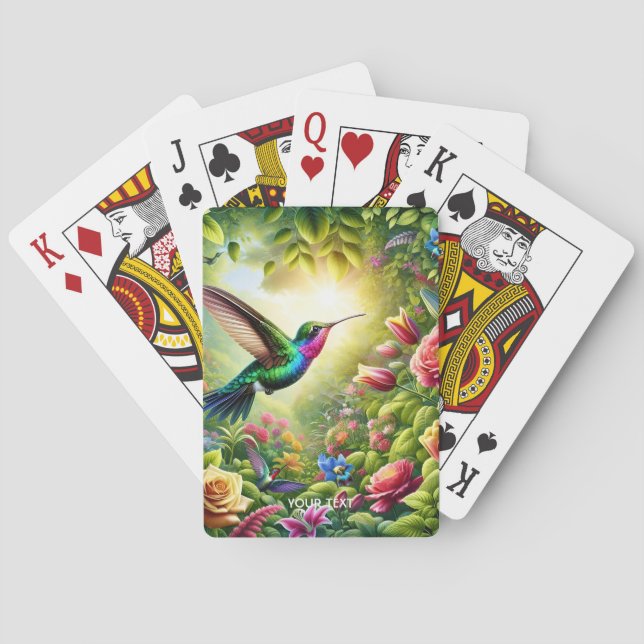 Fantasy Cute Flowers Rainbow Hummingbird Playing Cards (Back)