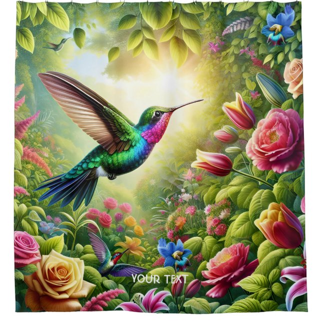 Fantasy Cute Flowers Rainbow Hummingbird Shower Curtain (Front)