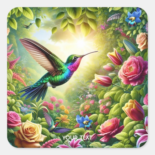 Fantasy Cute Flowers Rainbow Hummingbird Square Sticker (Front)