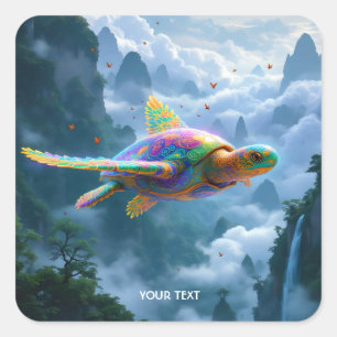 Fantasy Cute Flying Rainbow Turtle Square Sticker