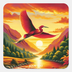 Fantasy Cute Flying Red Egret Square Sticker