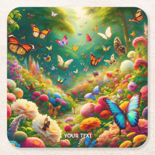 Fantasy Cute Forest Flowers Butterflies Square Paper Coaster
