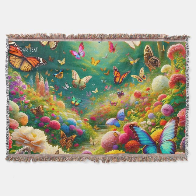 Fantasy Cute Forest Flowers Butterflies Throw Blanket (Front)