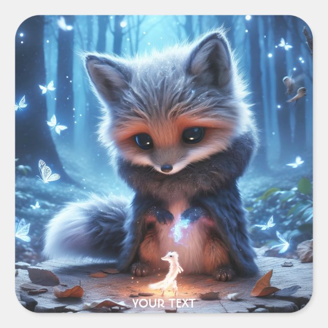 Fantasy Cute Fox Forest Butterflies Square Sticker (Front)
