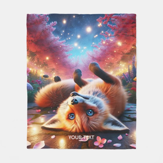 Fantasy Cute Fox Laying Sakura Fleece Blanket (Front)