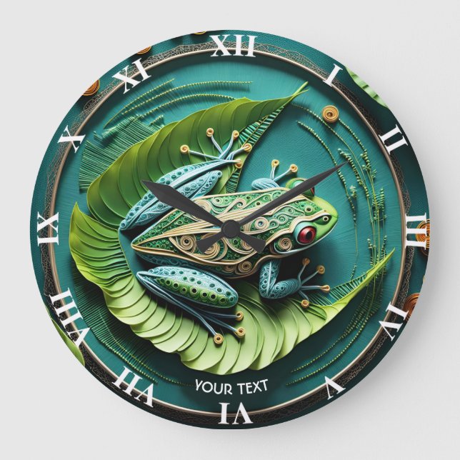 Fantasy Cute Frog Leaves Filigree Large Clock (Front)
