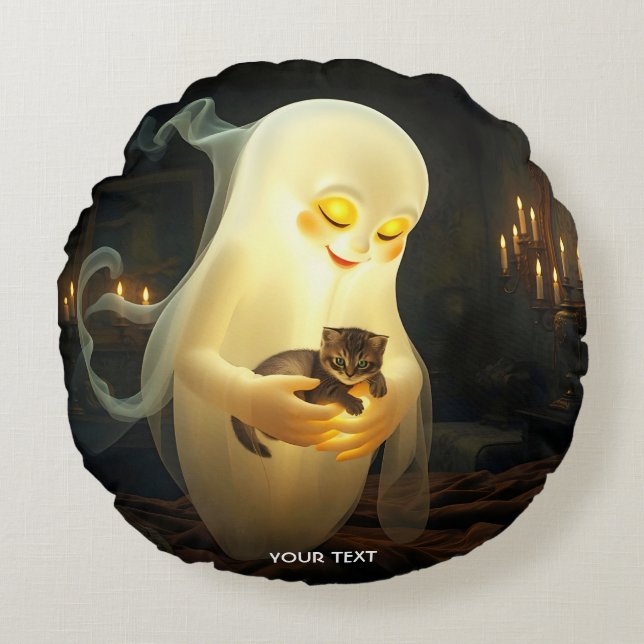 Fantasy Cute Ghost Kitten Candles Round Cushion (Front)