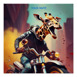 Fantasy Cute Giraffe Riding Bike Poster
