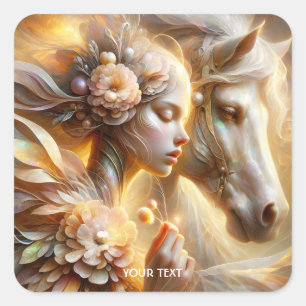 Fantasy Cute Girl And Horse Square Sticker