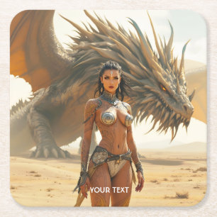 Fantasy Cute Girl Dragon Desert Square Paper Coaster