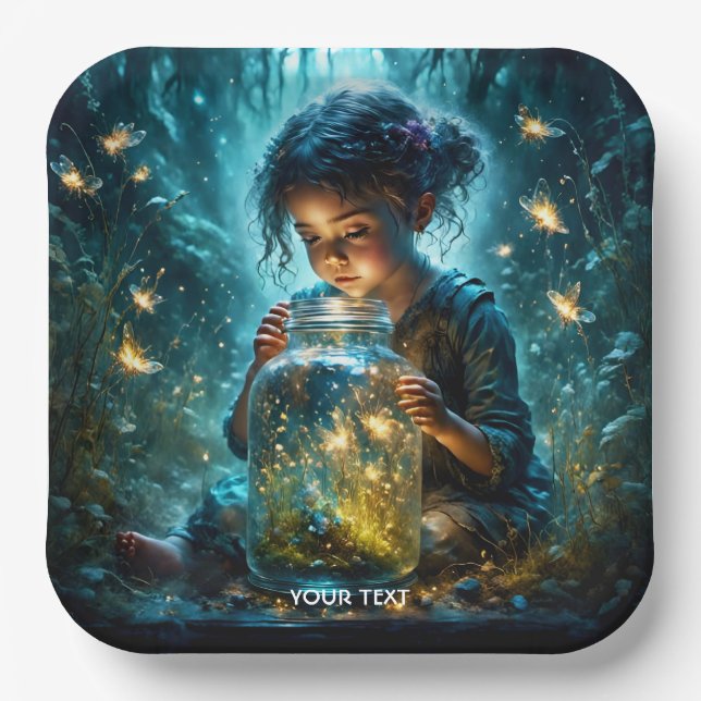 Fantasy Cute Girl Jar Fireflies Paper Plate (Front)