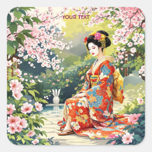 Fantasy Cute Girl Kimono Sakura Square Sticker