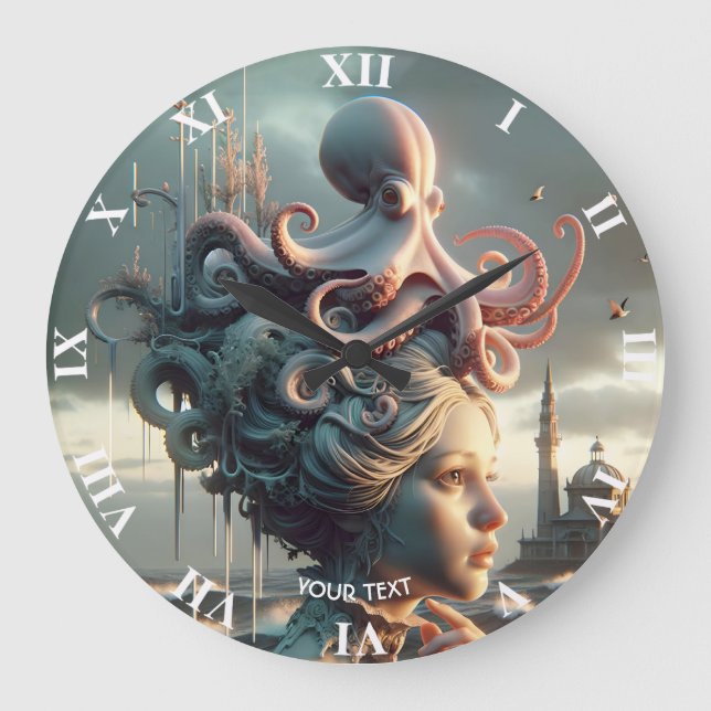Fantasy Cute Girl Octopus Sea Large Clock (Front)