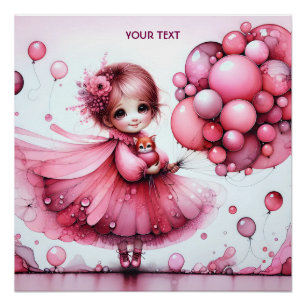 Fantasy Cute Girl Pink Cat Poster