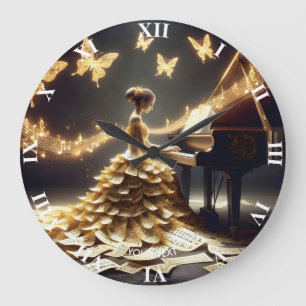 Fantasy Cute Girl Playing Piano Large Clock