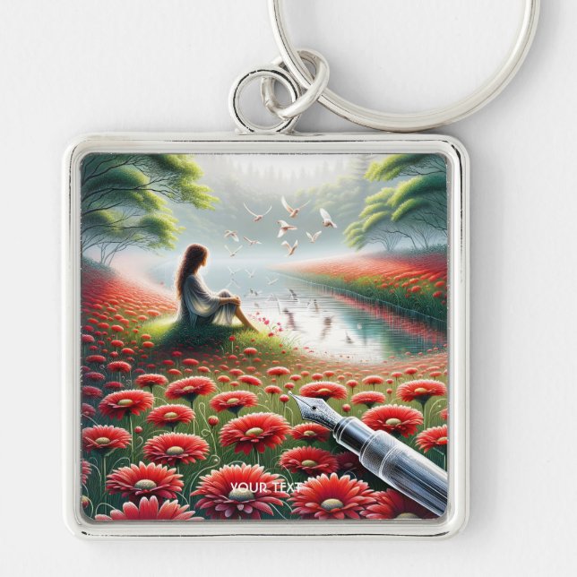 Fantasy Cute Girl Red Flowers Key Ring (Front)