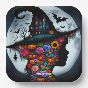 Fantasy Cute Girl Witch Halloween Paper Plate