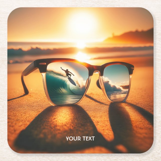 Fantasy Cute  Glasses Sunset Beach Square Paper Coaster (Front)