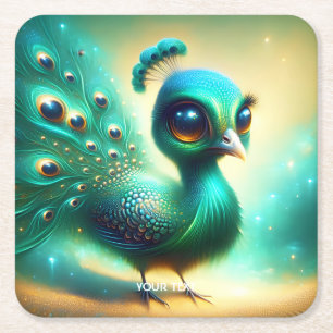 Fantasy Cute  Green Baby Peacock Square Paper Coaster
