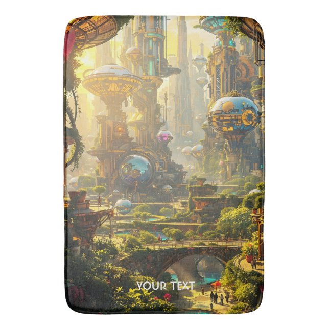 Fantasy Cute Green Future City Bath Mat (Front Vertical)