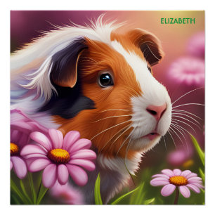 Fantasy Cute Guinea Pig Flowers Poster