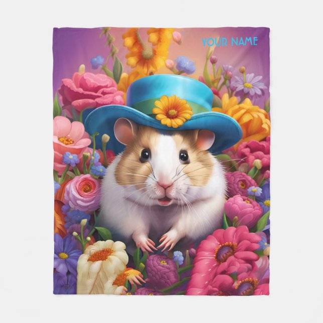Fantasy Cute Hamster Hat Flowers Fleece Blanket (Front)
