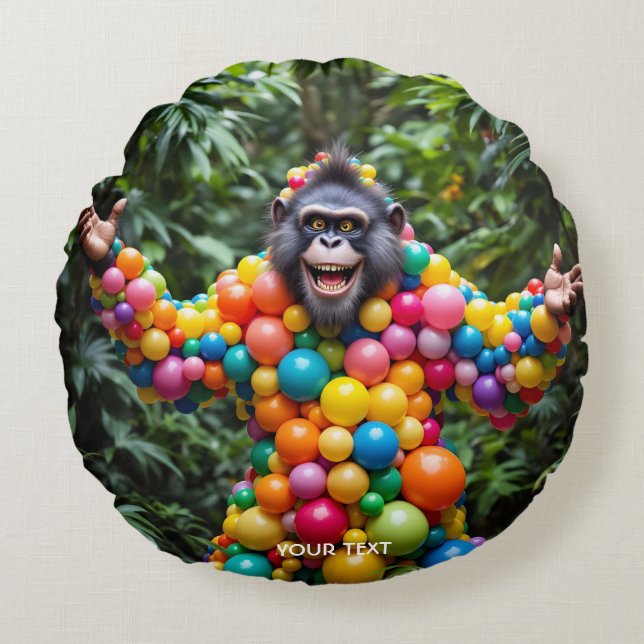 Fantasy Cute Happy Colourful Monkey Round Cushion (Front)