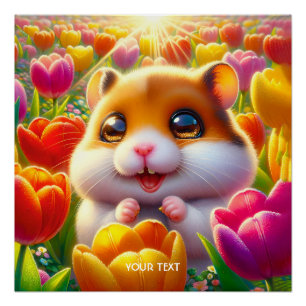 Fantasy Cute Happy Hamster Tulips Poster