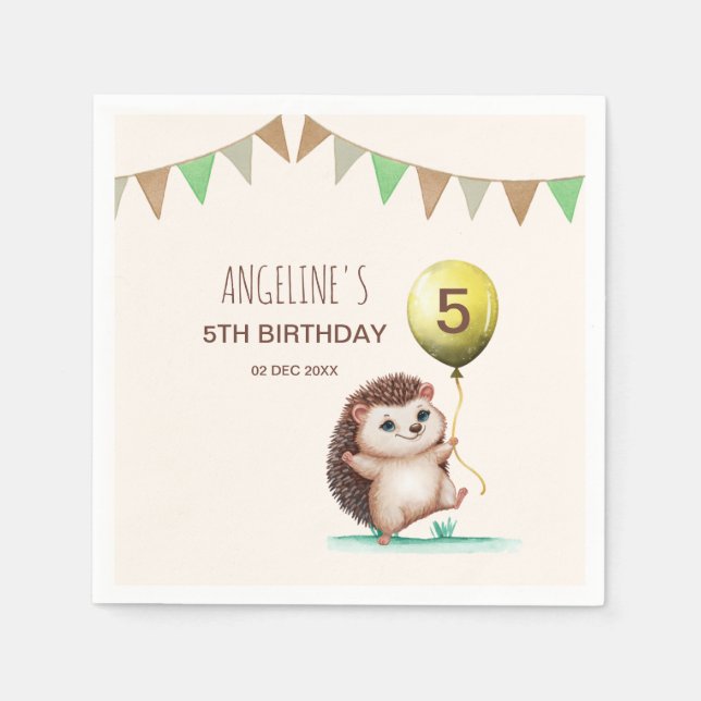 Fantasy Cute Happy Hedgehog Balloon Birthday  Napkin (Front)