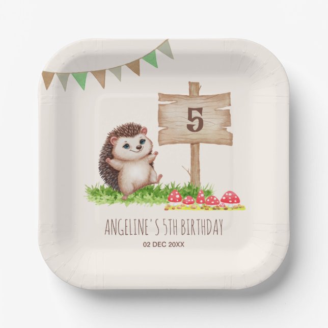 Fantasy Cute Happy Hedgehog Forest Birthday  Paper Plate (Front)