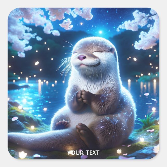 Fantasy Cute Happy Otter Night Square Sticker (Front)