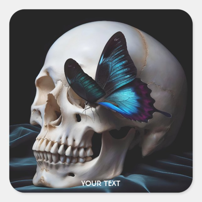 Fantasy Cute Head Blue Butterfly Square Sticker (Front)