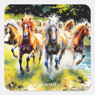 Fantasy Cute Herd Wild Horses Square Sticker