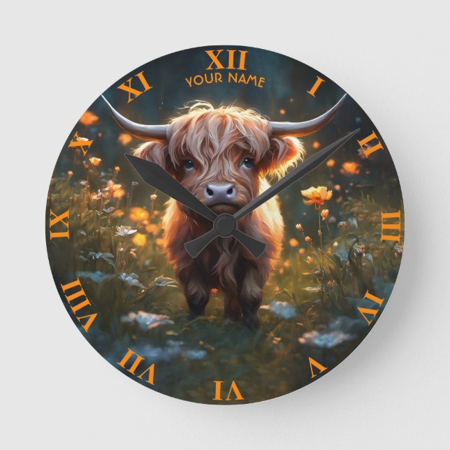 Fantasy Cute Highland Baby Cow Round Clock (Front)