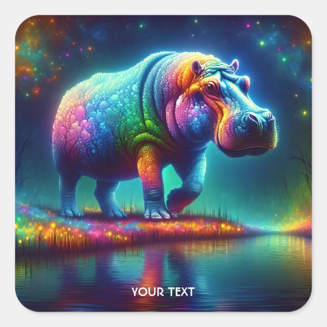 Fantasy Cute Hippo Multicolor Lights Square Sticker (Front)