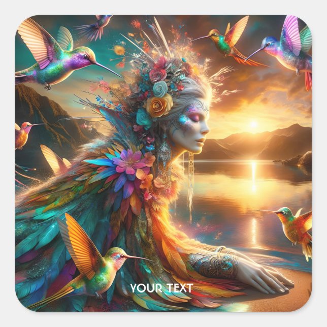 Fantasy Cute Hummingbird Goddess Lake Square Sticker (Front)