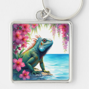 Fantasy Cute Iguana Flowers Sea Key Ring