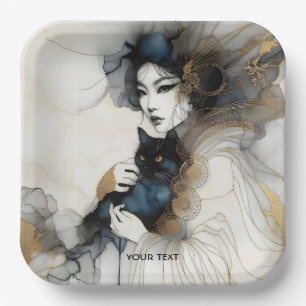 Fantasy Cute Japanese Girl Cat Paper Plate