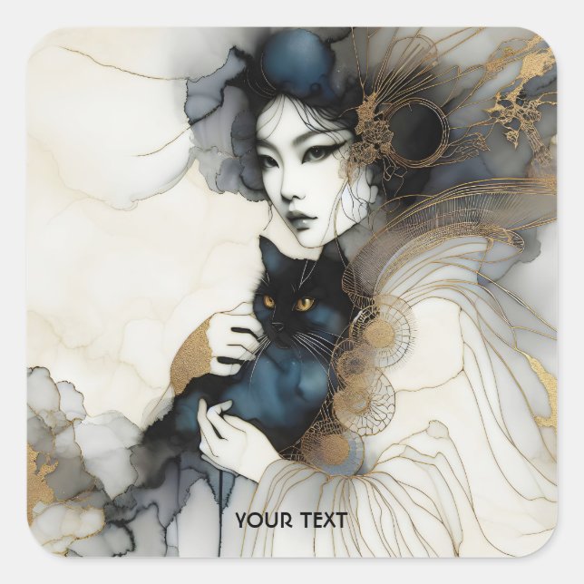 Fantasy Cute Japanese Girl Cat Square Sticker (Front)