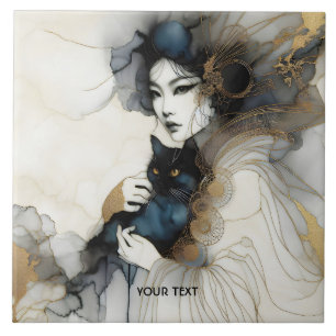Fantasy Cute Japanese Girl Cat Tile