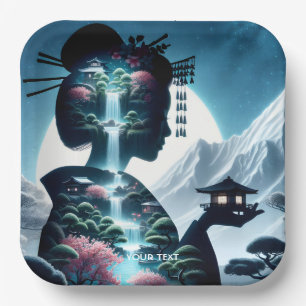 Fantasy Cute Japanese Girl Landscape Paper Plate