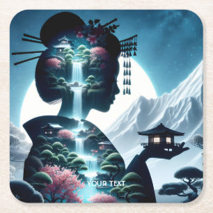 Fantasy Cute Japanese Girl Landscape Square Paper Coaster